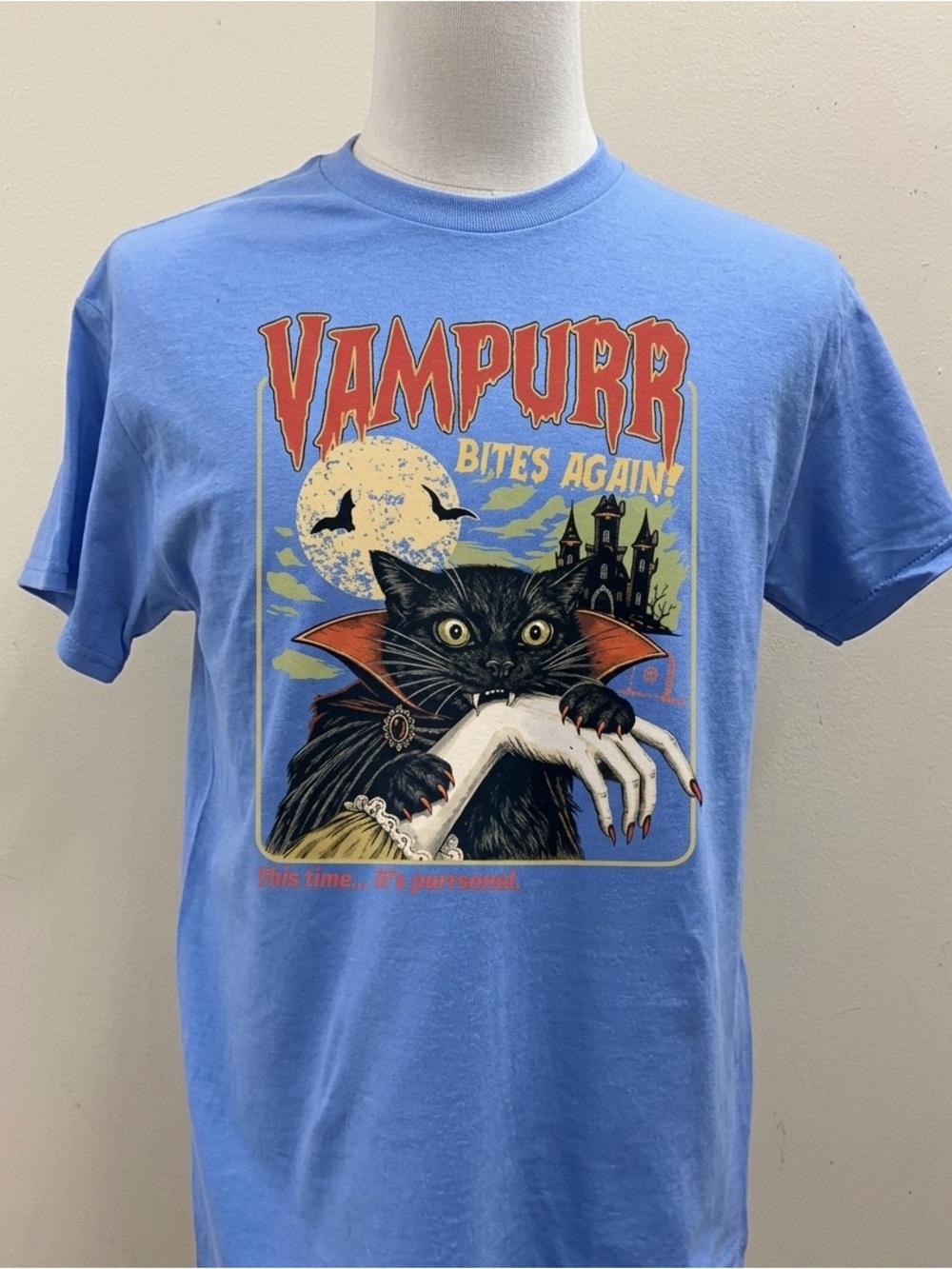 Vampurr Bites Again Cat Funny Halloween Graphic Tee - Unisex Blue